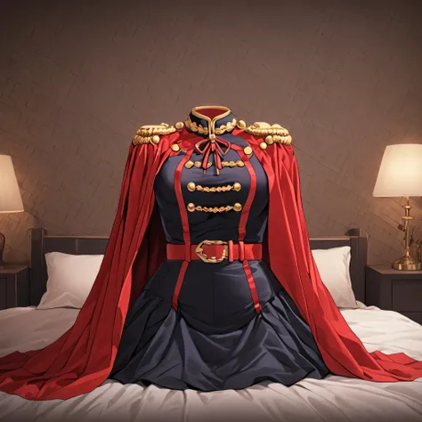 yamashiroren, military uniform, epaulettes, white gloves, red cape, belt, black pantyhose, cute pose, in bed, crossed leg, (invisible:1.5, no humans:1.5, headless:1.5, faceless:1.5), cute big breasts, detailed cloth texture, extremely details, close-up to ...