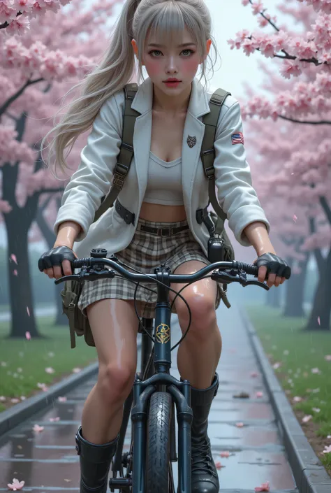 ultra fineCG Unity 8k壁紙、Highest image quality、ultra fine、masterpiece、real、フォトreal、ultra fineキュートガール、18 years old、((bicycleのハンドルにスナイパーライフルを乗せている女子高生))、(bicycleに乗っている)、(Smiling high school students )、(armed)、(rocket launcher visible from back)、(angle from s...