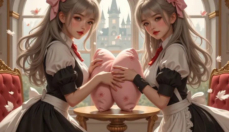 High image quality NUTRA FINECG Unity 8k壁紙、Highest image quality、High image quality NUTRA FINE、masterpiece、Authentic、Picture、High image quality NUTRA FINEキュートガール、18 years old、(European castle maid cafe)girls standing in front of a table、(Girls in maid clot...