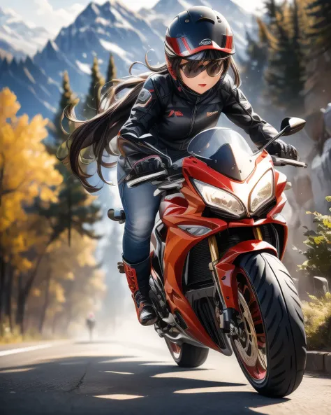 ((( Masterpiece:1.3, Best Quality, hight resolution, nffsw, Perfect Pixel,  4K, nffsw, nffsw))), 1girl in, Off-road motorcycle driving on spring country roads、18-year-old girl、jet helmet、((December scenery, white Christmas, softly falling snow, she drives ...