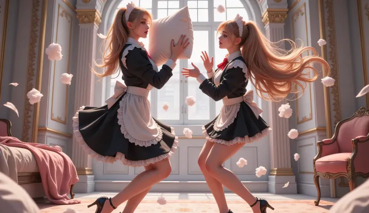 High image quality NUTRA FINECG Unity 8k壁紙、Highest image quality、High image quality NUTRA FINE、masterpiece、Authentic、Picture、High image quality NUTRA FINEキュートガール、18 years old、(Large bedroom in an old European castle)、((girls throwing pillows at each other ...