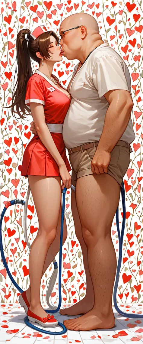 Japanese beautiful girl,   huge , ，，低胸, ,earrings, necklace,
 , many little hearts,  in hospital, nurse hat,pink nurse suits, pink mini skirt, hose,   mai shiranui, ponytail , 
side view, walking, full body, close up, holding used s, a fat man kiss her, Fr...