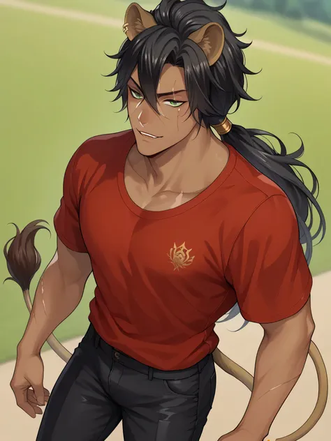 Anime man with thin black hair, green sharp eyes, emotionless and cold personality. Brown colored skin, tan skin, Has one orange highlight, solo, blurry background, angle view, long hair, low ponytail, red loose shirt, black pants, scar on lip, lion ears, ...