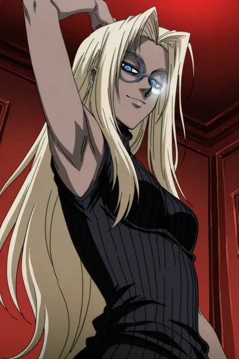 masterpiece, best quality, amazing quality, anime screencap, anime coloring, 1girl, solo, Hellsing_style, IntegraHellsing, mature female, blonde hair, forehead, very long hair, dark skin, blue eyes, small breasts, glasses, black sweater, sleeveless sweater...
