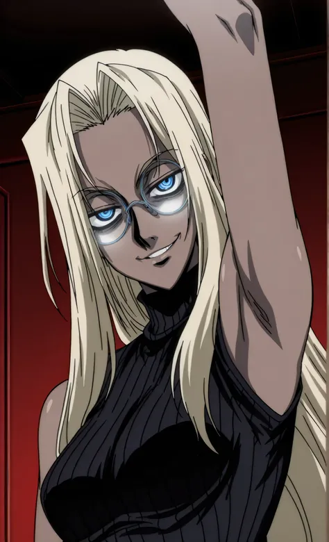 masterpiece, best quality, amazing quality, anime screencap, anime coloring, 1girl, solo, Hellsing_style, IntegraHellsing, mature female, blonde hair, forehead, very long hair, dark skin, blue eyes, small breasts, glasses, black sweater, sleeveless sweater...