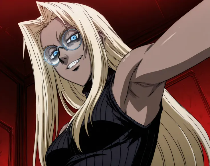 masterpiece, best quality, amazing quality, anime screencap, anime coloring, 1girl, solo, Hellsing_style, IntegraHellsing, mature female, blonde hair, forehead, very long hair, dark skin, blue eyes, small breasts, glasses, black sweater, sleeveless sweater...