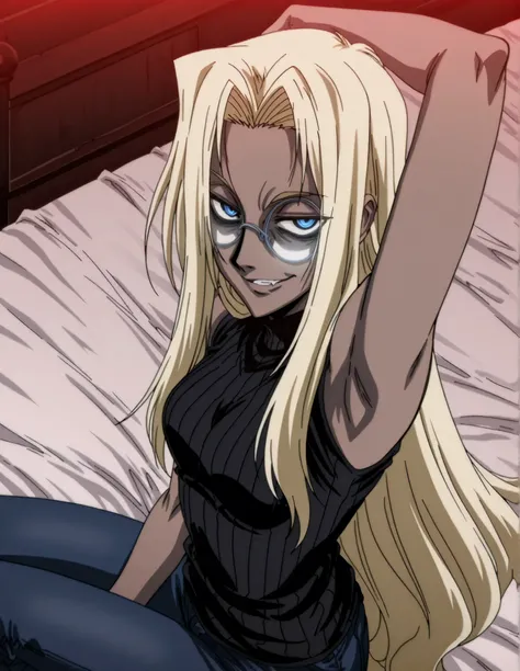 masterpiece, best quality, amazing quality, anime screencap, anime coloring, 1girl, solo, Hellsing_style, IntegraHellsing, mature female, blonde hair, forehead, very long hair, dark skin, blue eyes, small breasts, glasses, black sweater, sleeveless sweater...