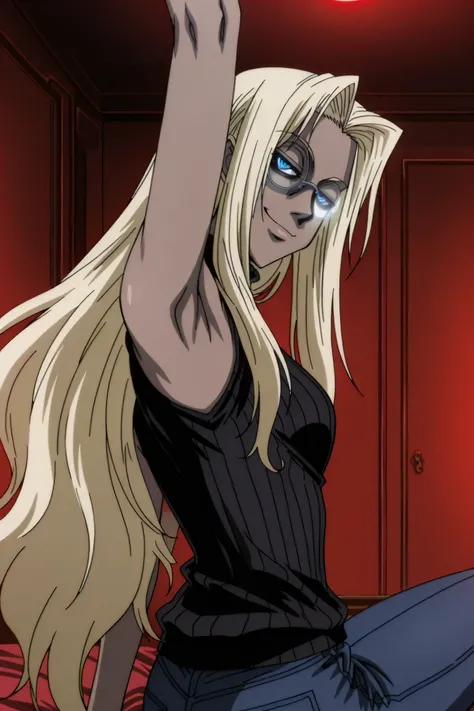 masterpiece, best quality, amazing quality, anime screencap, anime coloring, 1girl, solo, Hellsing_style, IntegraHellsing, mature female, blonde hair, forehead, very long hair, dark skin, blue eyes, small breasts, glasses, black sweater, sleeveless sweater...