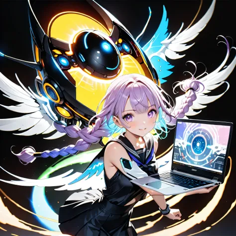 with the best details、pretty face、face、 super detailed eyes,(((Carrying a laptop)))、(((Futuristic laptop、The jet is mounted on the、The PC is equipped with a jet)))、The PC shines in seven colors、1GIRL、cute face、 face、(((dynamic best configuration、top qualit...