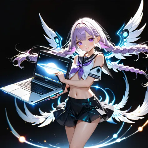 with the best details、pretty face、face、 super detailed eyes,(((Carrying a laptop)))、(((Futuristic laptop、The jet is mounted on the、The PC is equipped with a jet)))、The PC shines in seven colors、1GIRL、cute face、 face、(((dynamic best configuration、top qualit...