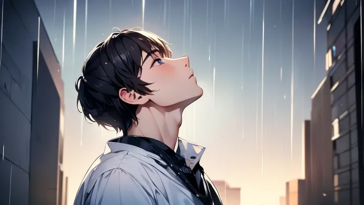 Very high quality: A beautiful young man looking up at the rainy sky