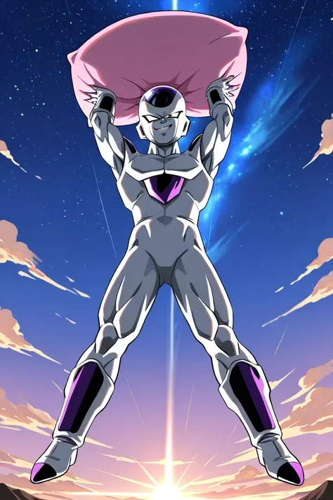 low angle, frieza in distance, floating in the air, holding a pillow:1.4, raising a pink pillow above head in throwing pose:1.3, malevolent smirk to viewer, dynamic pose, dramatic lighting, majestic sky background