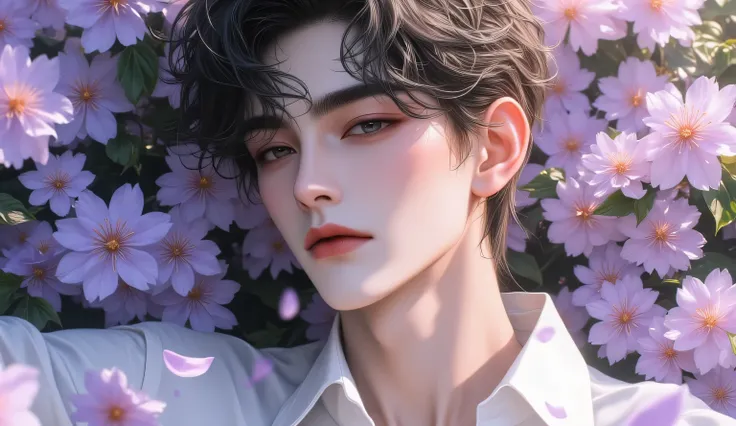 “Exquisitely beautiful anime boy with flawless porcelain skin, delicate pink lips, long elegant neck, soft closed eyes with long eyelashes, serene and peaceful expression, surrounded by blooming purple flowers and pastel blossoms, floral vines gently wrapp...