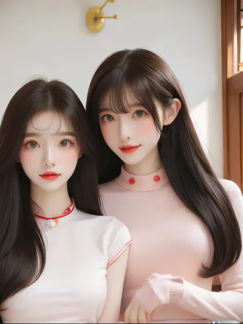 BEST QUALITY， Ultra High Resolution， Two girls，（realisticlying：1.4），Cute Hairpin，Baoyu，2 girls, Slender Beauty:1.4, Abdominal muscles:1.1, (brown hair, Medium :1.3),   long pink sweater:1.4, school,Delicate small face  ，，，delicate eyes，double eyelid，Smile，...