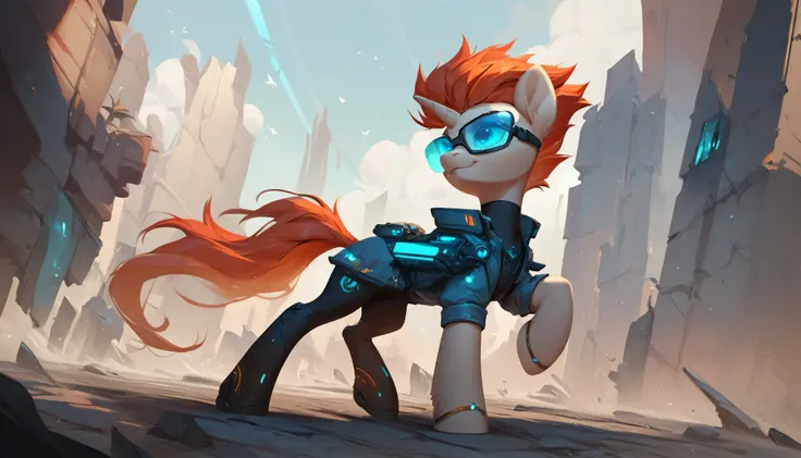 Score 9, score 8, score 7, score 6, and a Capper , from My Little Pony, 2D. Futuristic blurred background. Has polarized lenses. Full body
