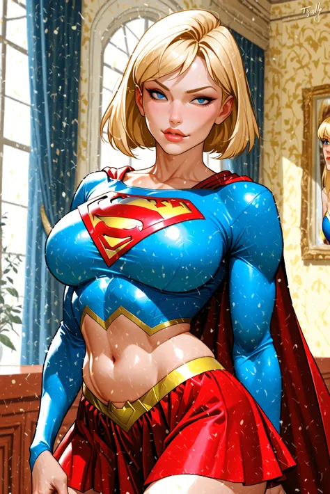 1milf, 40 years old female, sexy female, bitting lips, provacative look, blonde hair, short hair, blue eyes, supergirl(((masterpiece, detailed background, tighly cloth))), sexy female, big breasts, sexy lips bite, fit belly, masterpiece short blonde haired...
