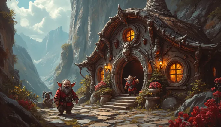 sole fantasy rounded shape dwarf house under a cliff, anthr0dnd, aidmafluxpro1.1, vivid color