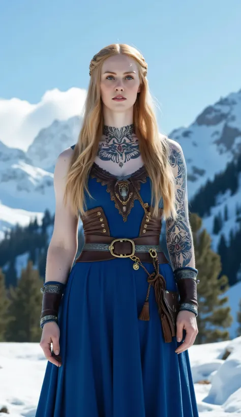 Deborah Ann Woll as Lady Sif, strong and beautiful Norse-inspired warrior, standing, snowy mountain landscape, clear blue skies, very long thick blonde hair, intricately braided, decorated with silver clasps and golden ornaments, fair skin, glowing eyes, d...