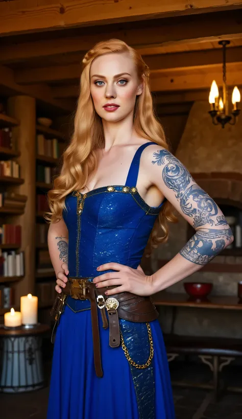 Deborah Ann Woll as Lady Sif, powerful and elegant Norse-inspired warrior, standing confidently, cozy wooden interior, Viking longhouse, long voluminous blonde hair styled in elaborate braids with golden and silver clasps, bright eyes, fair skin, intricate...