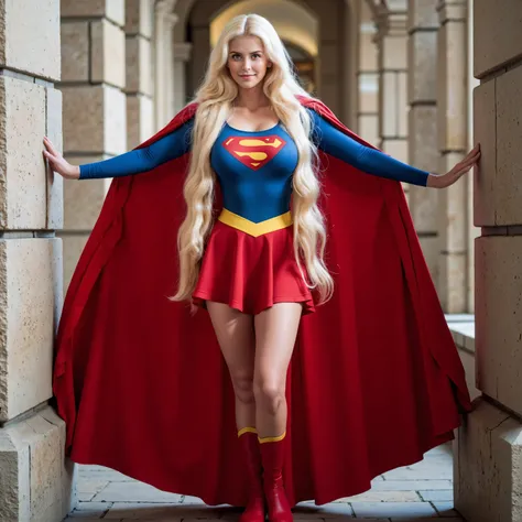 Elegantly busty long-haired supermodel with big blue eyes wearing a superheroine costume. Graceful tradwife. She has extremely long voluminous mane of smooth ivory-blonde hair over one shoulder. give her straight, silky-smooth, frizz-free hair. She wears a...