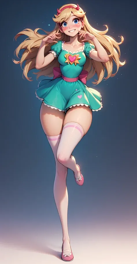 Star Butterfly, 1 girl, standing alone, ssmile, blush, looking ahead at viewer, blue colored eyes, green mini dress, , marking, ((whole body)), breasts , slender_waist, huge hips, bare thighs, curves, nice curvy legs, white stockings, pink mary janes shoes...