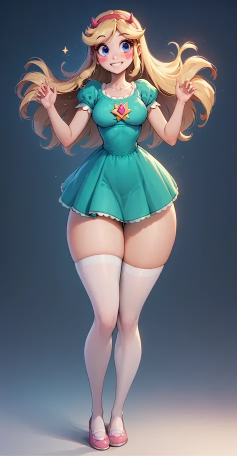 Star Butterfly, 1 girl, standing alone, ssmile, blush, looking ahead at viewer, blue colored eyes, green mini dress, , marking, ((whole body)), breasts , slender_waist, huge hips, bare thighs, curves, nice curvy legs, white stockings, pink mary janes shoes...
