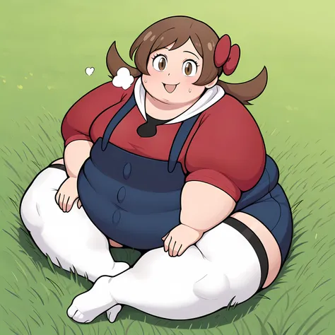 masterpiece, best quality, highres, newest, scenary, 1girl, solo, official style,  lyra, red shirt, blue overalls, white thighhighs, looking at viewer, smile, outdoor, parted lips, sitting on grass, indian style, feet, from above fat, chubby, obese, gigant...