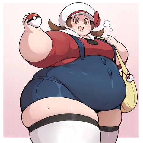 masterpiece, best quality, highres, newest, scenary, 1girl, solo, official style,  lyra, red shirt, blue overalls, white thighhighs, holding a pokeball with one hand, cowboy shot, form below, smile, yellow bag fat, chubby, obese, gigantic arms and legs, la...