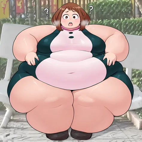 (masterpiece, high quality, amazing detail), highres, 1girl,, Uraraka Ochako, confused, open mouth, look at viewer, stone bench,  fat, chubby, obese, gigantic arms and legs, large breasts open mouth, out of breath 