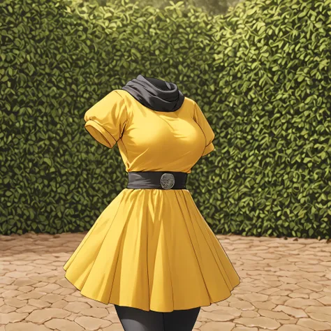 cape, dress, gloves, pantyhose, yellow dress, scarf, short sleeves, in garden, fighting pose, Kickboxing,  (invisible:1.5, no humans:1.5, headless:1.5, faceless:1.5), cute big huge breasts, detailed cloth texture, extremely details, close-up to breasts, (B...