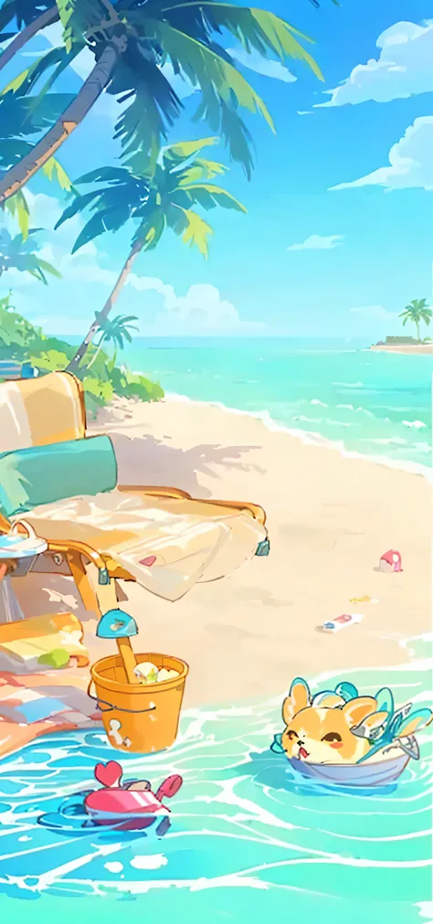 cartoon beach scene with a chair, bucket, and toys, background art, beach background, island background, seaside backgroud, magical beach, breezy background, relaxing concept art, relaxing at the beach, background artwork, mobile game background, it's is r...