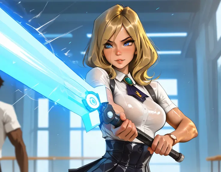 masterpiece, best quality, very aesthetic, movie quality, depth of field,soft saturation, focused subject, ,official style, shiny skin, secret mission, 1girl,, wavy blonde hair, blonde hair, long hair, blue eyes, dark hair roots,, ( glossy-skinned female ,...