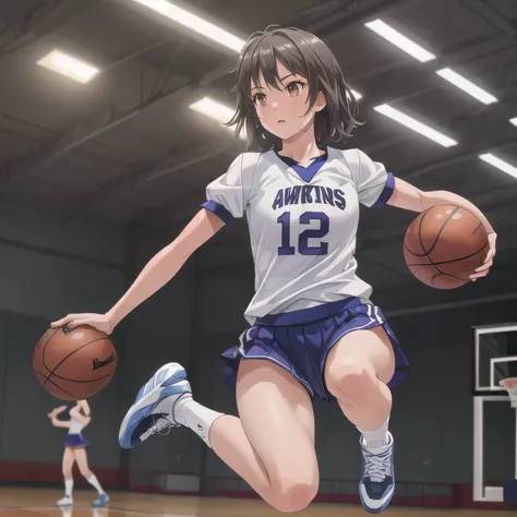 A young female basketball player makes a dynamic jump shot with elegance and control. She holds the ball firmly in both hands, her form showing strong confidence and skill. Her athletic uniform fits her form well, paired with high socks and sneakers in mat...