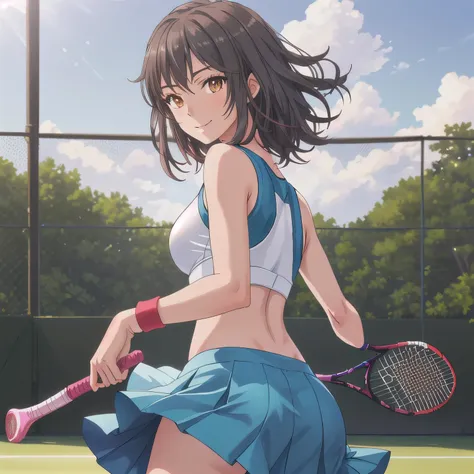 A young female tennis player in a sleek blue outfit stands ready, gripping her racket with both hands in a poised stance. Sunlight accentuates the crisp lines of her attire and the polished strings of the racket. Her determined gaze locks onto an unseen op...
