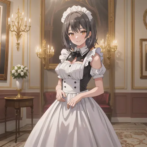A breathtakingly beautiful 20-year-old woman stands in an opulent mansion room, dressed in a classic black-and-white maid outfit with a short hem and a white brim cap. Her confident smile radiates warmth. The room features elegant furnishings and decor bef...
