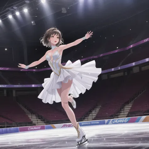 Depict a 20-year-old, stunningly beautiful woman gracefully gliding across the ice in a grand skating arena. She wears an elegant and intricately designed figure skating dress, adorned with shimmering details that reflect the arena lights. Her expression i...