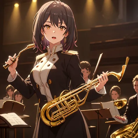 Depict a 20-year-old, dazzlingly beautiful woman playing a brass instrument in a grand concert hall. She wears an elegant yet practical band uniform, designed with intricate gold embroidery. Her posture is poised, fingers positioned with precision, her eye...