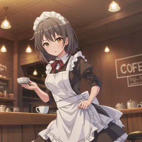 A girl is working as a waitress in a cozy cafe. She's wearing a classic maid outfit. The air feels warm and calm, and it's like you can almost smell the coffee through the picture. Dark hair, short hair, brown eyes.