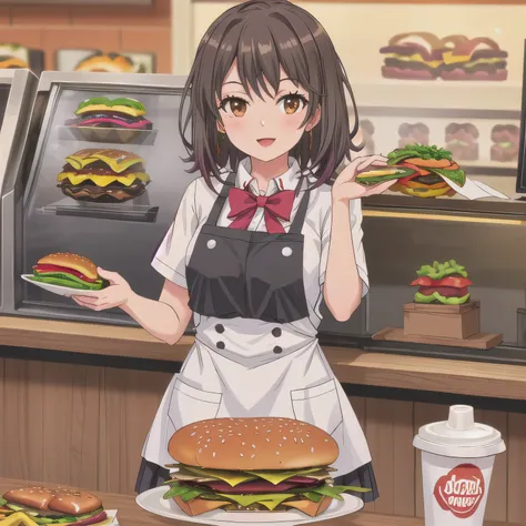 She is a cheerful girl working behind the counter at a cozy burger shop. She is wearing a cute burger shop uniform and smiling warmly at the customers. The background shows a bright and clean fast food counter with menu boards. Dark hair, short hair, brown...