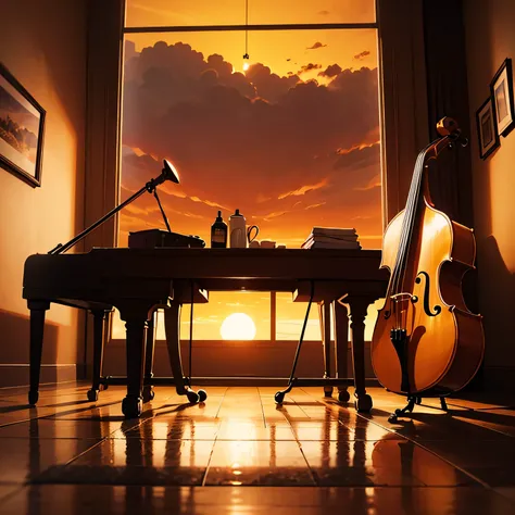 chill jazz with a mellow saxophone intro, warm upright bass, and soft brush drums. The mood reflects a quiet café at sunset, bathed in amber light and calm reflection.