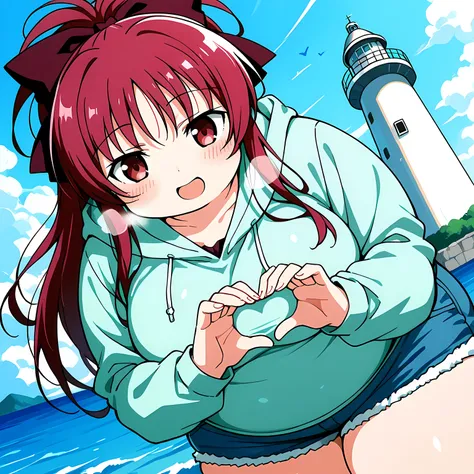 score_9, score_8_up, score_7_up, source_anime,  kyouko sakura, long hair, red eyes, ponytail, hair bow, red hair,, shorts, hood, hoodie, denim, blue shorts, denim shorts,, lighthouse, light, sea, tall, guidance, smile,  heart hands, blush, open mouth, lean...