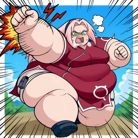 score_9, score_8_up, score_7_up, score_6_up, score_5_up, score_4_up, BREAK, source_anime,
1girl, haruno sakura, pink hair, long hair, green eyes, red qipao, angry, full body shot,
IncrsPunchMeme, incoming punch, blue sky, meadowm fat, chubby, obese, gigant...