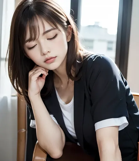 (top quality、ultra-high precision、masterpiece)、Photo quality     、Photoreal: 1.6,   shiny skin、Almond Eye、(working in the office、cute office lady sitting on a chair is dozing off:1.8、close your eyes)、(  super cute )、business jacketを着た日本人オフィスレディー、white t-sh...