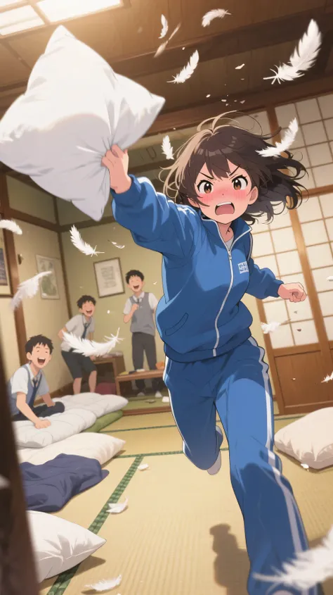 A high-impact anime-style scene in a Japanese-style room during a school trip.  
A tsundere high school girl in a blue tracksuit is throwing a clean white pillow toward the viewer.  
Her cheeks are flushed with embarrassment and frustration, and a few soft...