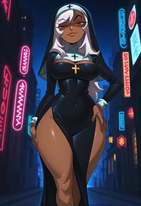 j0j0, masterpiece, best quality, solo, 1 woman , brown skin , white long hair, red eyes, hair cover one eye , mischievous face , nun costume , large breasts , leg slit dress , long legs , hand on hip , thighs , night , neon light , city light background
