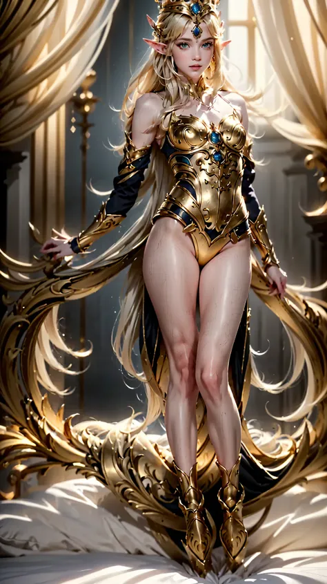 blonde woman in a purple and gold costume poses on a bed,  glamorous elegant cosplay  , cosplay ornamentado, cosplay glamouroso, Lux de League of Legends,  Full body cinematic goddess   , fantasia, amoranto as a super villain, roupas douradas, Amoranto,   ...