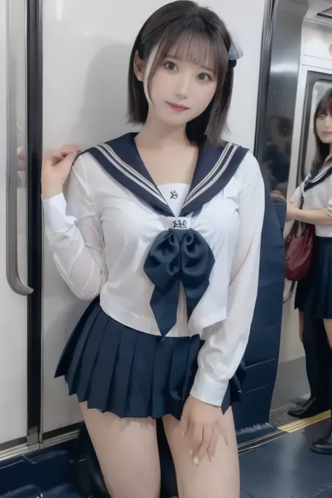 NSFW, (beautiful Japanese girl, full body shot, front view, high school uniform, the girl stand in a crowded Japanese train, many businessman stand in the train, black hair, dark blue pleated micro miniskirt, huge breasts, white bra, blush, embarrassed, f...