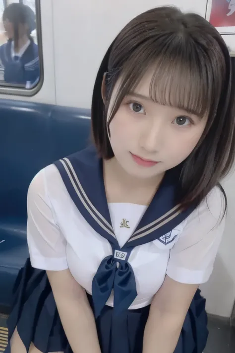 NSFW, (beautiful Japanese girl, full body shot, front view, high school uniform, the girl stand in a crowded Japanese train, many businessman stand in the train, black hair, dark blue pleated micro miniskirt, huge breasts, white bra, blush, embarrassed,  f...