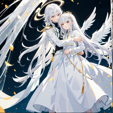 Angelic glowing snowy background,anime couple hugging and kissing ,  long red scarf  , Waiting for the man in formal suit wearing a white and platinum lab coat over a formal suit,Red Eyes, cabello largo color platino anime angel con alas y un halo por enci...