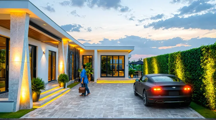 Modern house, wooden main door, black aluminum glass door, warm interior lights, exterior wall lights, faux stone paint in the entrance hall,Masterpiece, high quality, best quality, authentic, super detail, outdoors, onestoreyvillaXL, aiaigroup, grass, tre...